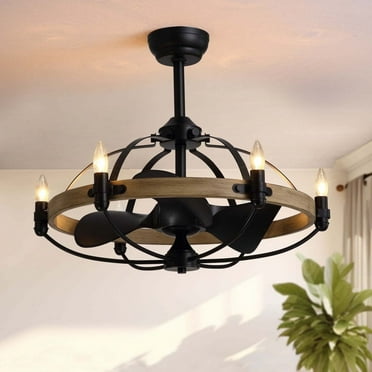 HOOMEDELIER 27'' Farmhouse Ceiling Fan with Light,Reversible Farmhouse 6-Speed with Remote,3 Blades Vintage Cage Chandelier Fan for Indoor