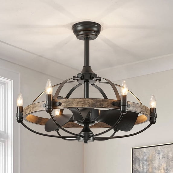 HOOMEDELIER 27'' Farmhouse Ceiling Fan with Light,Reversible Farmhouse 6-Speed with Remote,3 Blades Vintage Cage Chandelier Fan for Indoor