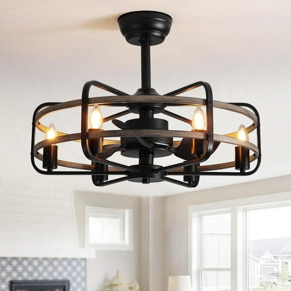HOOMEDELIER 3 blades Ceiling Fan with Lights Remote Control 25" Rustic Bladeless Chandelier Fan Lighting Caged Fandelier for Farmhouse