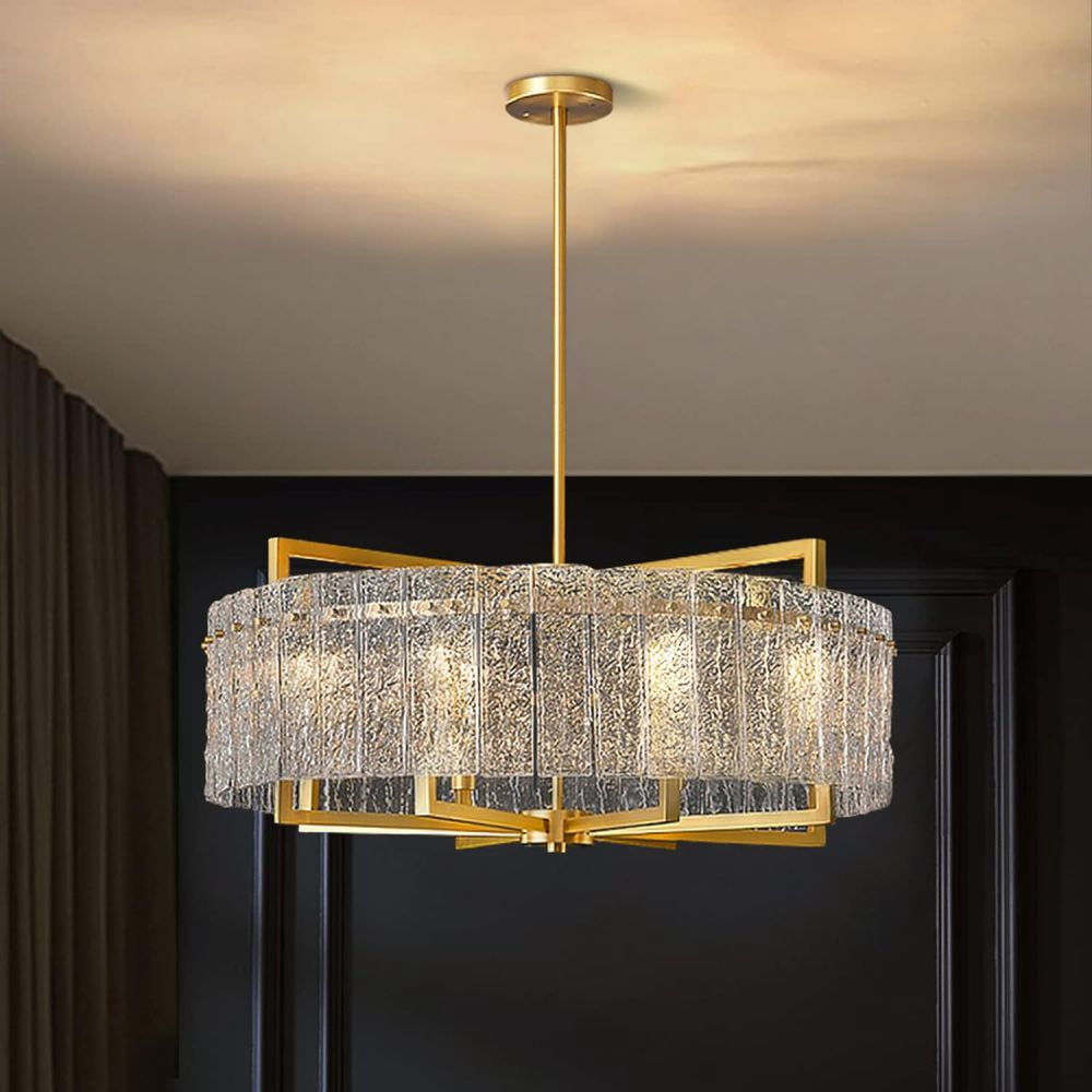 HOOMEDELIER 33.5" Modern Drum Crystal Chandelier Lighting with Glass Shade, 8-Light Gold Luxury Pendant Ceiling Light Fixture for Indoor