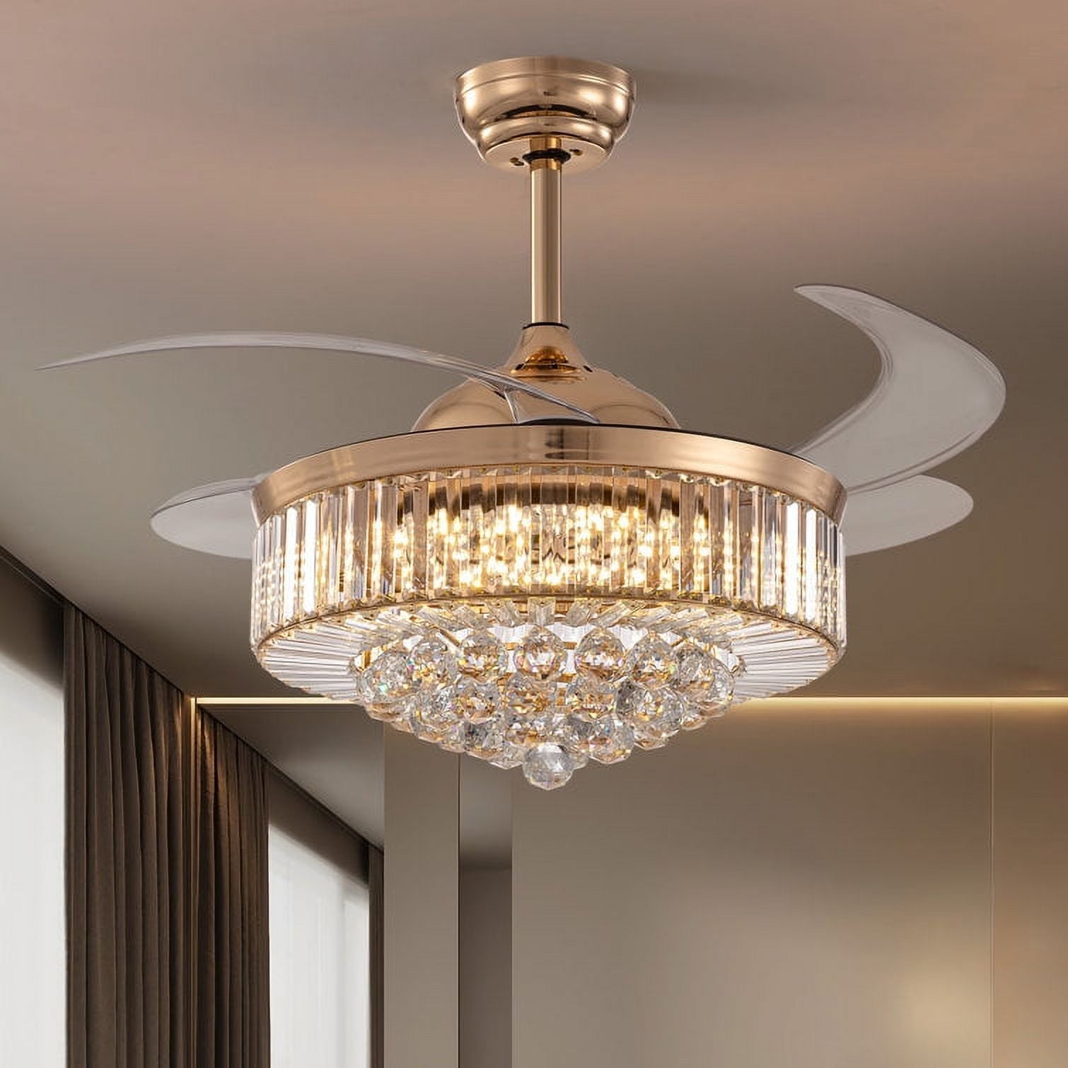 42" Gold Crystal Retractable Bladeless LED Chandelier Fan