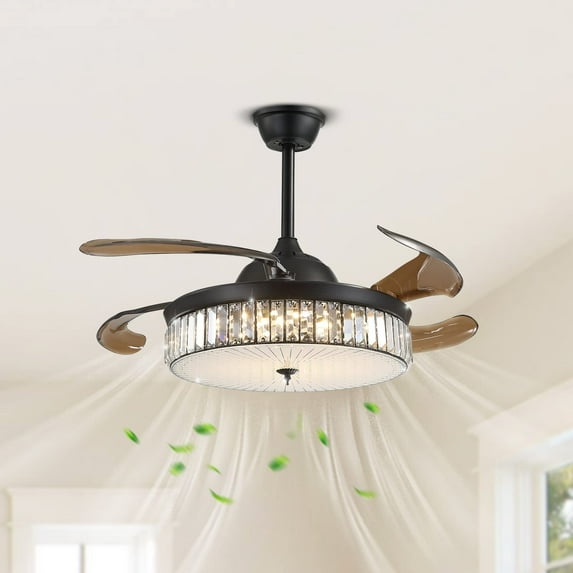 HOOMEDELIER 42" Modern Crystal Ceiling Fan with 4 Retractable Blades 6-Speed Black Reversible Chandelier Ceiling Fan with Remote/App Control for Bedroom Living Romm Kitchen Island Dining Room.