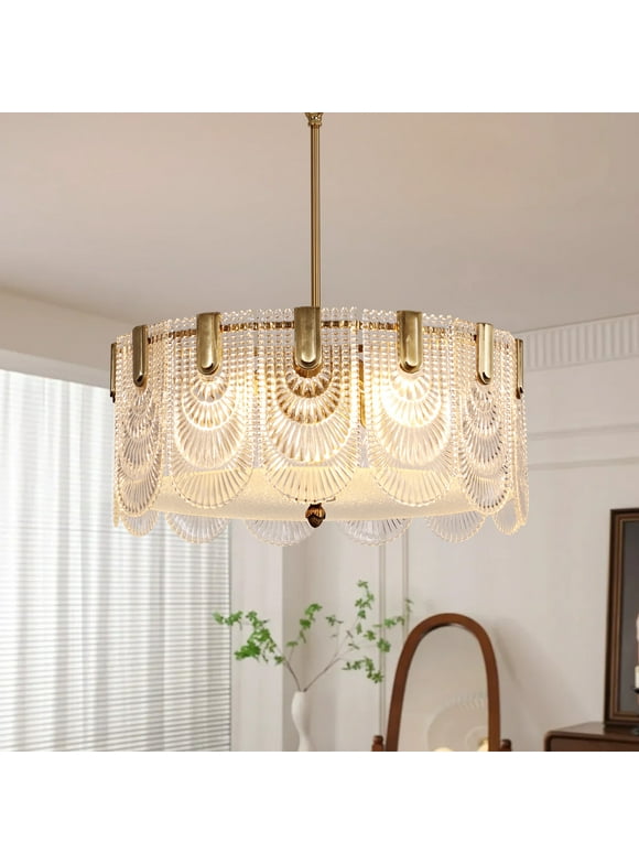 HOOMEDELIER 5-Light Modern Crystal Chandeliers, 20In Drum Chandeliers Ceiling Lights with Glass Shade,Brass Gold Semi Flush Mount Ceiling Light Fixtures for Bedroom, Dinning Room