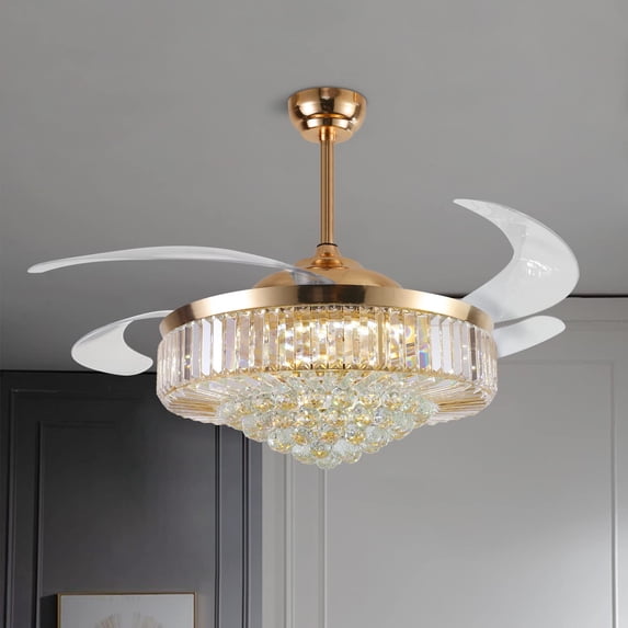 HOOMEDELIER 52" Crystal Ceiling Fan with Light Remote/App Control,Modern Dimmable Led Ceiling Fan with 4 Retractable Fan Blades for Living Room Bedroom-Gold