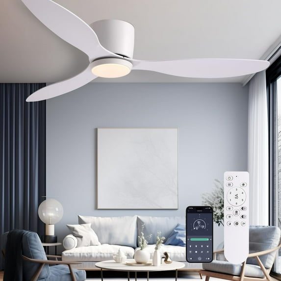 HOOMEDELIER 52" Modern Reversible Ceiling Fan with Light Remote/App Control,3-Blade Dimmable Flush Mount Ceiling Fan for for Bedroom, Living Room-White