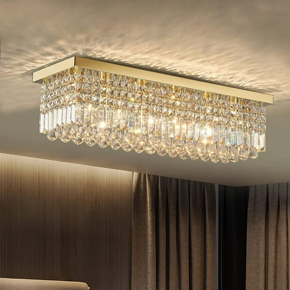 HOOMEDELIER 6-Light Modern Crystal Chandelier, Luxury Gold Rectangle Chandelier Ceiling Light, Flush Mount Raindrop Pendant - L31.5''