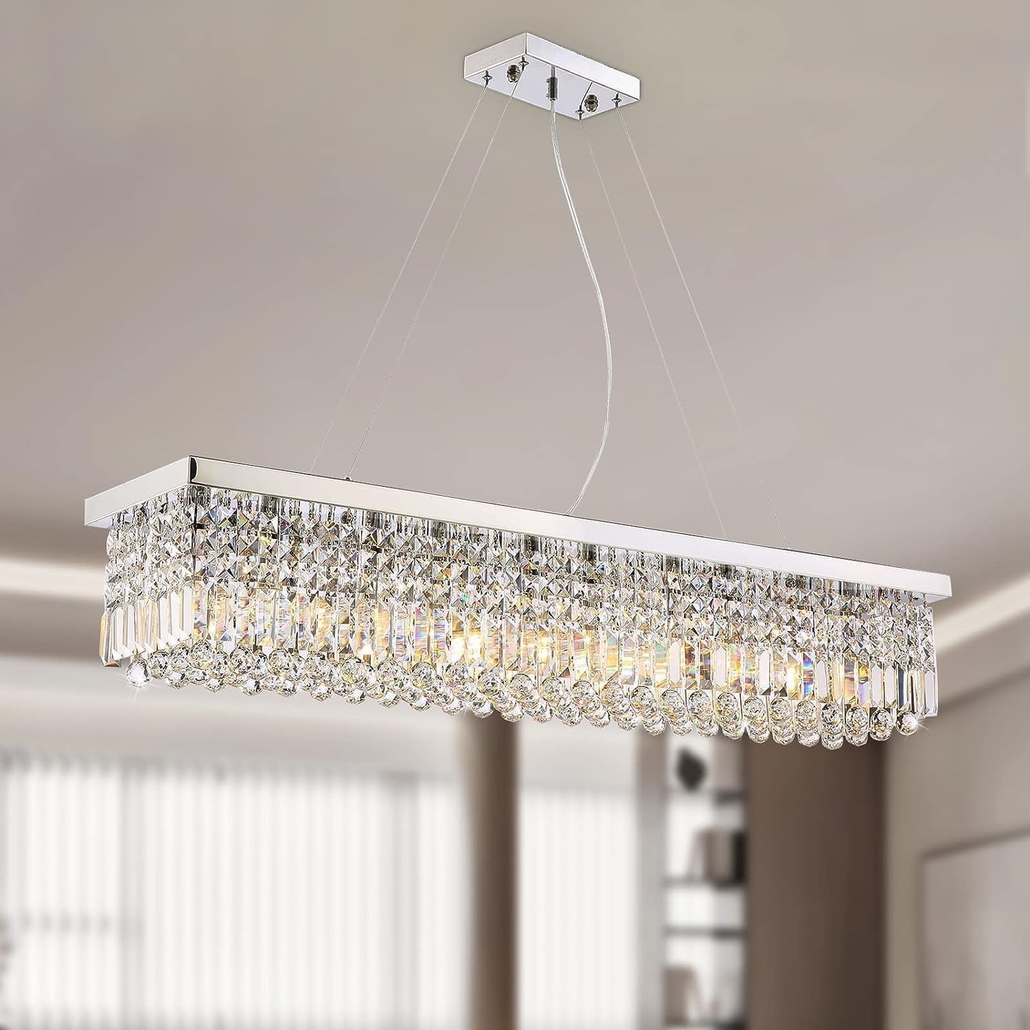 Rectangular Chrome Crystal Raindrop Chandelier, 47"