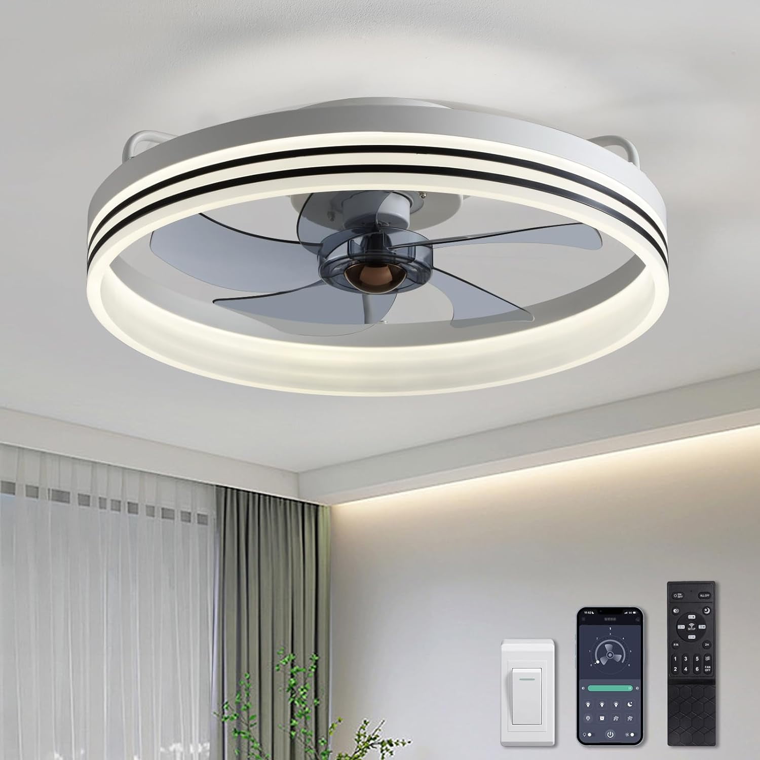 Hoomedelier Flush Mount Ceiling Fan With Lights And Remote, 6 Wind 