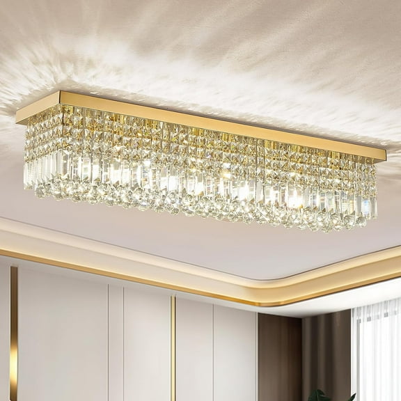 HOOMEDELIER Gold Crystal Chandelier,8 Lights Modern Flush Mount Ceiling Light Rectangle K9 Crystal Raindrop Pendant Lighting Fixture - L40"