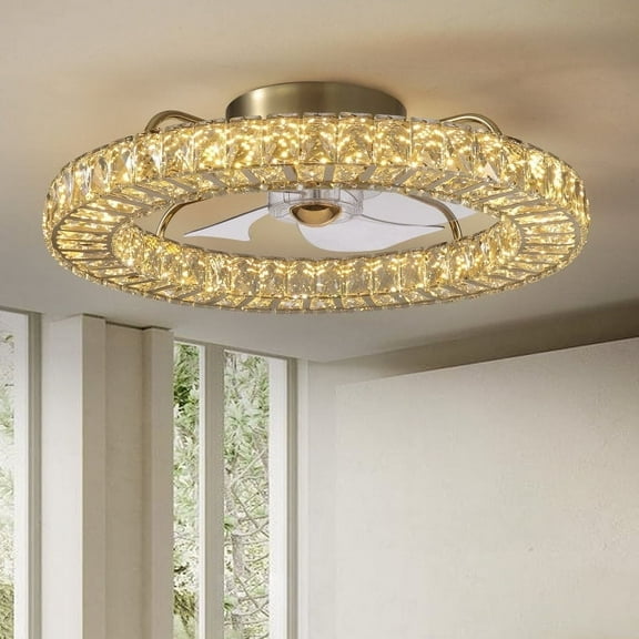 HOOMEDELIER Indoor Ceiling Fan with Light, 22" Modern Crystal Chandelier Ceiling Fan with Smart 4-Light Color Change, Luxury LED Ceiling Fan - Gold