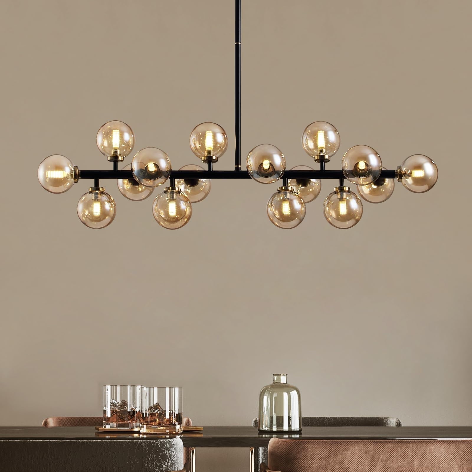Black 39" Mid Century Modern Sputnik Chandelier with Amber Glass Globes