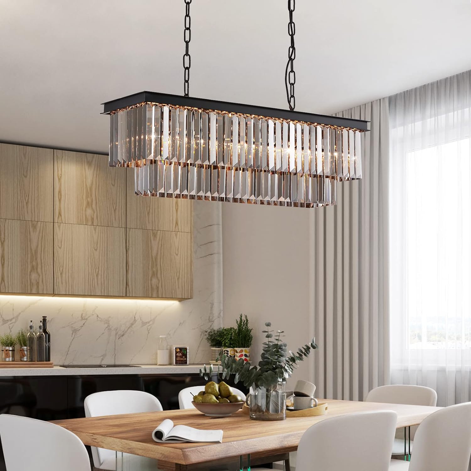 HOOMEDELIER Modern Contemporary Rectangular Crystal Chandelier, Black