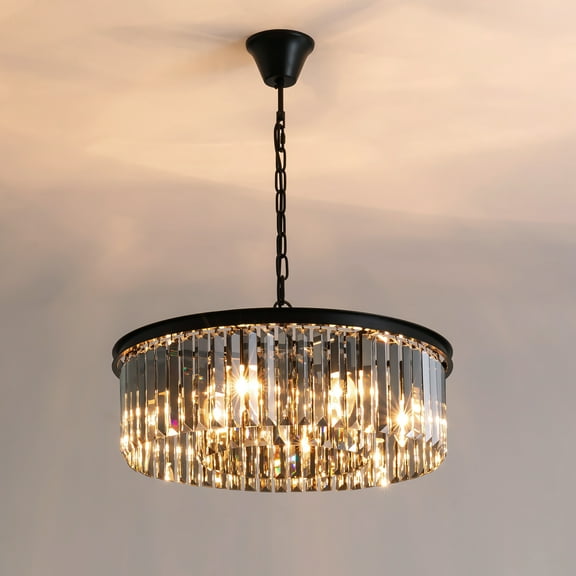 HOOMEDELIER 22" Modern Black Crystal Chandelier, Round 6-Light Pendant for Dining Room & Kitchen