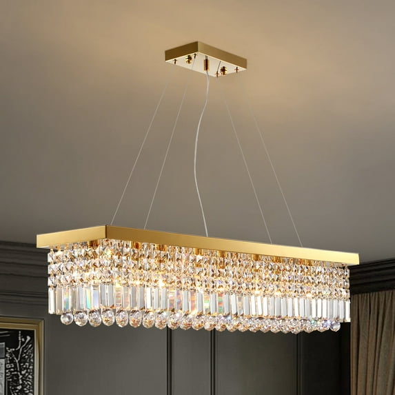 HOOMEDELIER Rectangle K9 Crystal Chandelier,Luxury LED Chandelier ,Adjustable Gold Pendant Fixture for Dining Room Kitchen - L40"