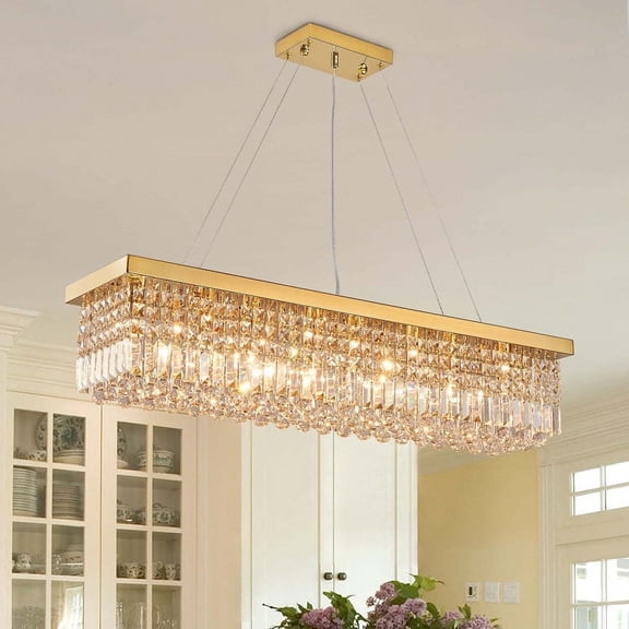 HOOMEDELIER Rectangle K9 Crystal Chandelier,Luxury LED Chandelier ,Adjustable Gold Pendant Fixture for Dining Room Kitchen - L47"