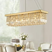 HOOMEDELIER Rectangle K9 Crystal Chandelier,Luxury LED Chandelier ,Adjustable Gold Pendant Fixture for Indoor - L31.5"