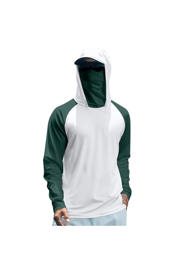 2 Tone Raglan Sleeve Hooded Sun Shield Pullover For Men With Face Cover Light Wrinkle Repellent UPF Protection Tee Daily Angling Vacation Leisure Wear