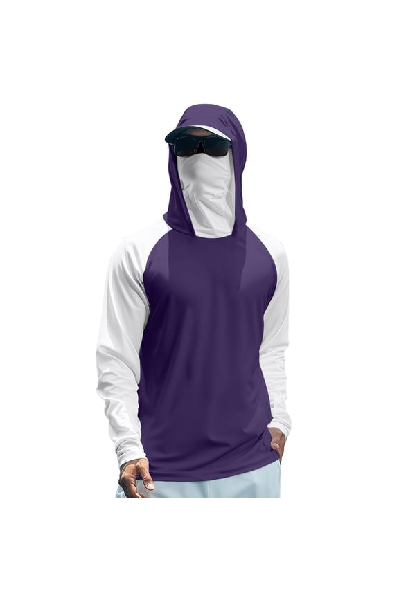 2 Tone Raglan Sleeve Hooded Sun Shield Pullover For Men With Face Cover Light Wrinkle Repellent UPF Protection Tee Daily Angling Vacation Leisure Wear