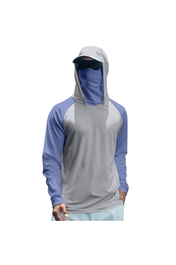 2 Tone Raglan Sleeve Hooded Sun Shield Pullover For Men With Face Cover Light Wrinkle Repellent UPF Protection Tee Daily Angling Vacation Leisure Wear