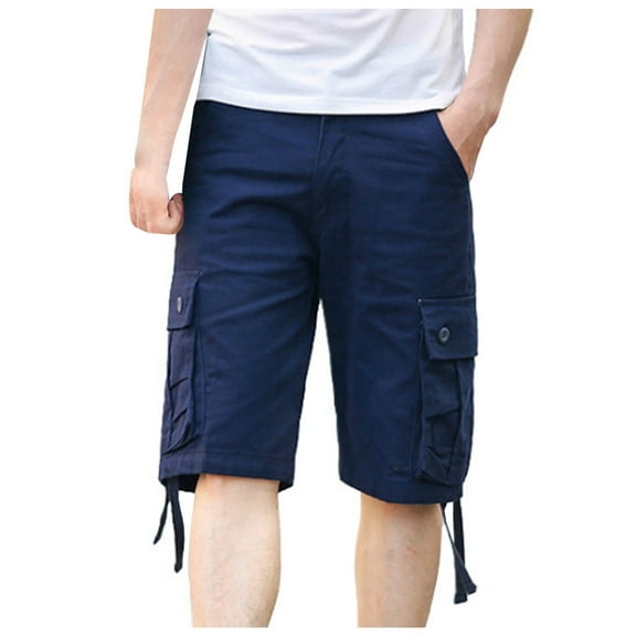 HOOMEUMY 2025 Men's Cargo Shorts Cotton Loose Fit Multi-Pocket Bermuda Beach Shorts Straight Summer Shorts with Drawstring Navy 16