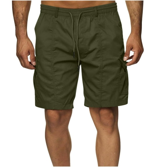 HOOMEUMY 2025 Men's Summer Cargo Shorts Cotton Elastic Waist Drawstring Solid Color Loose Fit Pockets Bermuda Beach Short Pants Army Green 8