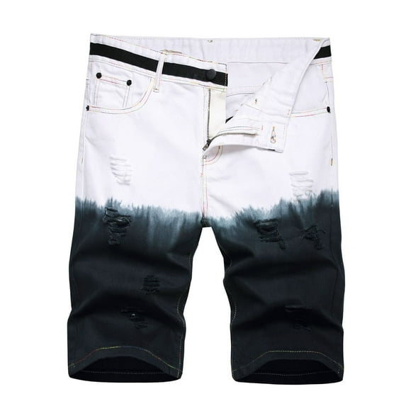 HOOMEUMY 2025 Men's Summer Gradient Color Ripped Jeans Streetwear Slim Fit Denim Shorts Half Pants Belted Ripped Denim Shorts for Men Black 8