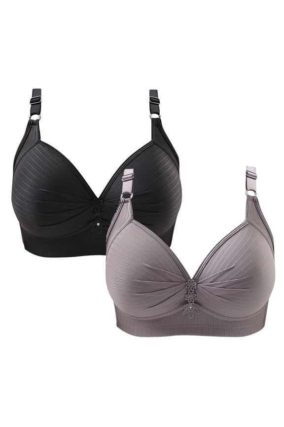 2PC Bras for Women Traceless Comfortable Bra Straps Adjustable Sex Ruffled Lace Flower Breathable Gathering Woman Underwear Vest Push Up Bra-Gray-Gray