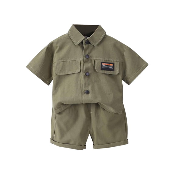 HOOMEUMY Baby's Cotton Cargo Set Turndown Collar Buttons Short Sleeve Tops Stretch Lightweight Shorts 2 Piece Outfits Green 2-3 Years