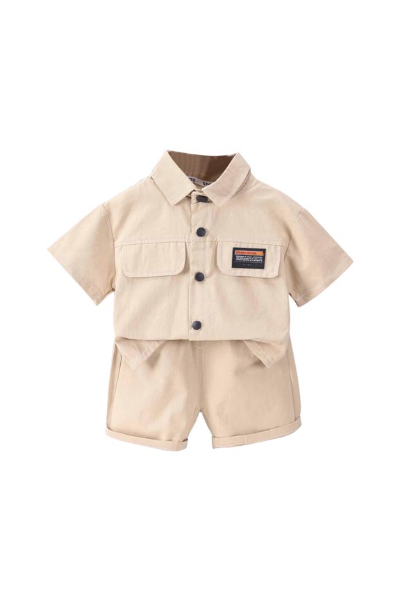 Baby's Cotton Cargo Set Turndown Collar Buttons Short Sleeve Tops Stretch Lightweight Shorts 2 Piece Outfits Yellow 12-18 Months