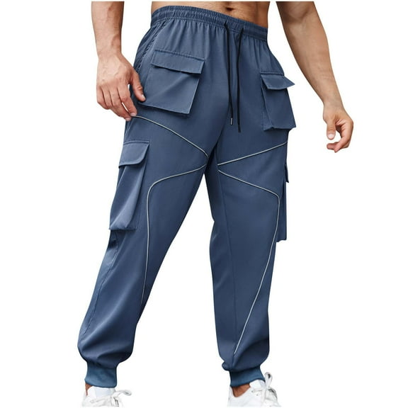 HOOMEUMY Baggy Cargo Pants For Men Drawstring Elastic Waist Joggers Pants Mens Versatile Trendy Casual Pant Trousers (Dark Blue,M)