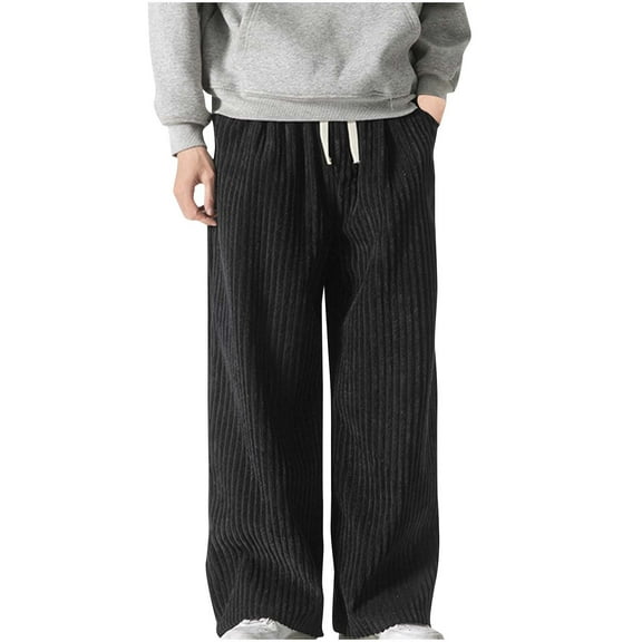 HOOMEUMY Baggy Corduroy Pants Men Vintage Loose Fit Wide Leg Sweatpants Elastic Waist Sports Long Trousers (Black,M)