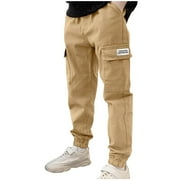 HOOMEUMY Boys Cargo Pants Jogger Pants Elastic Waist Black Kids Cargo Pants Loose Fit Trousers Streetwear Style Khaki 12 Years