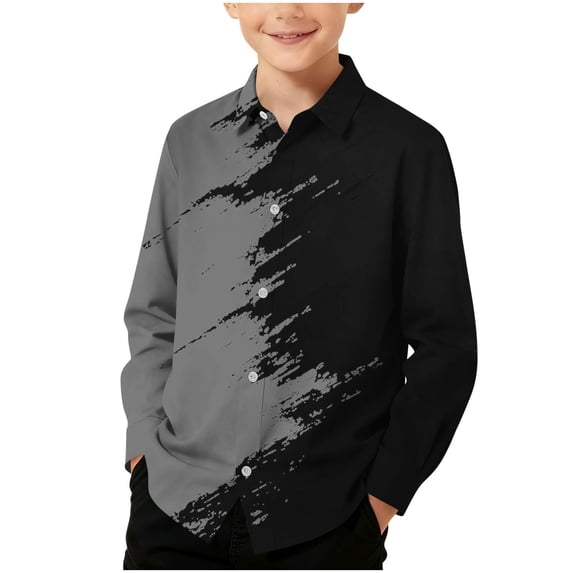 HOOMEUMY Boys School Button‑Up Shirts Art Print Contrast Color Long Sleeve Shirt