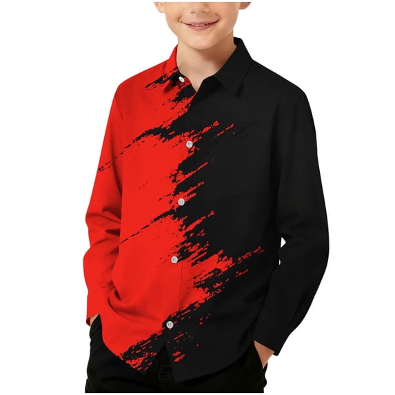 HOOMEUMY Boys School Button‑Up Shirts Art Print Contrast Color Long Sleeve Shirt