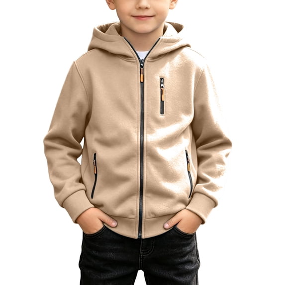 HOOMEUMY Boys Sweatshirts Fleece Full Zip Hooded Jacket Zip‑Up Hoodie With Multiple Zipper Pockets Soft Light Kids Outerwear For Cool Days