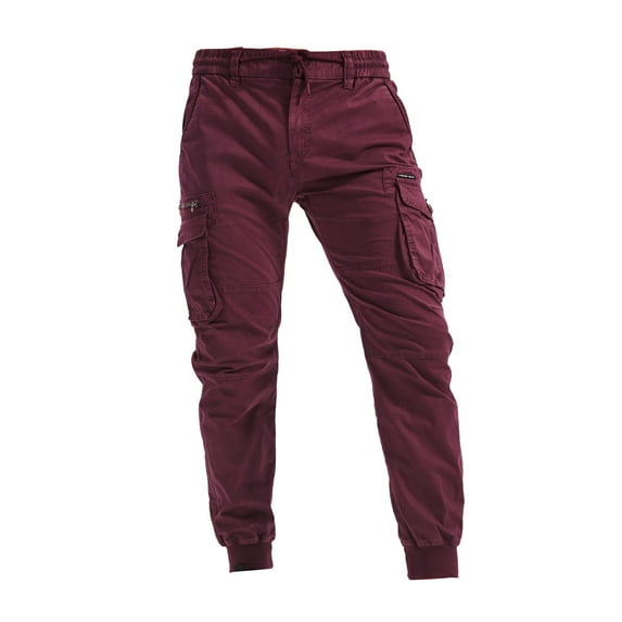 HOOMEUMY Cargo Pants for Men Casual Regular Fit Elastic Waist Trousers Solid Color Jogging Cool Pant Outdoor Fashion Multi Pocket Straight Fit Full-length Pants Workout Athletic JoggersⓐWine M