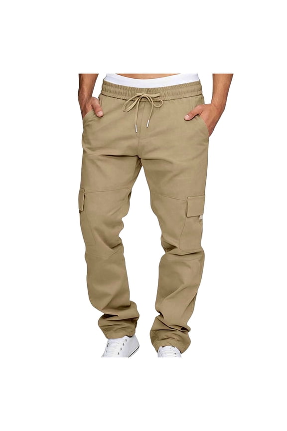 Cargo Pants Men Work Pants For Men Cotton Mix Elastic Drawstring Multi Side Pocket Straight Loose Trousers Soft Khaki Pants Mens Solid Color Street Hip Hop Daily Skate Travel Wear