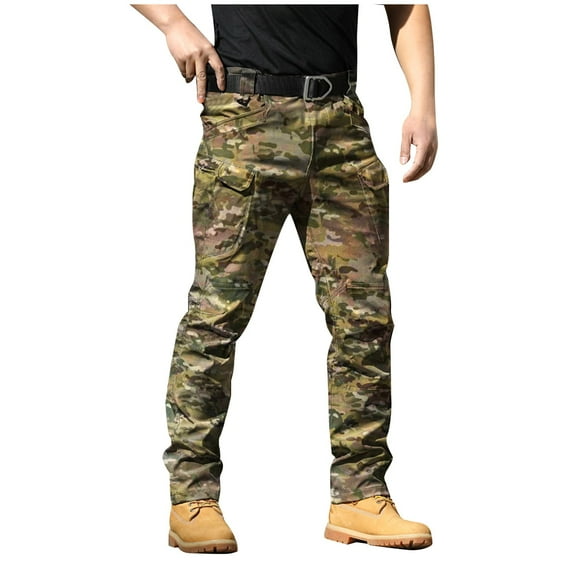 HOOMEUMY Cargo Pants for Men Multi Pocket Athletic Trousers Military Fan Elastic Waistband Work Casual Overalls Army Green 12
