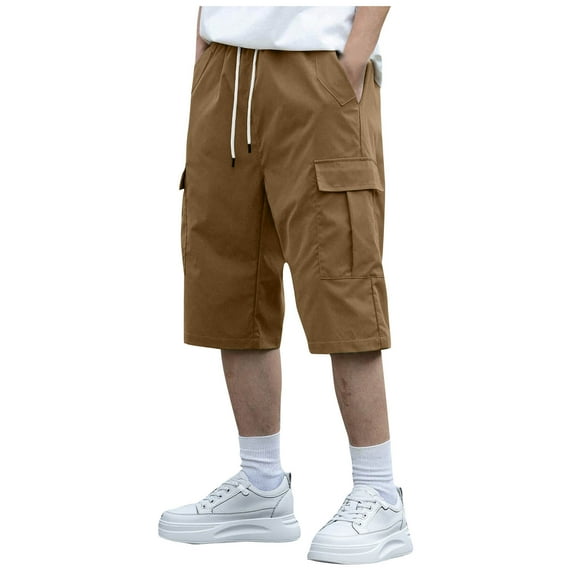 HOOMEUMY Cargo Shorts for Men Beach Shorts Summer Fashion Comfy Leisure Outdoor Solid Color Elastic Waist Drawstring Cargo Shorts with Pockets (Brown,M)