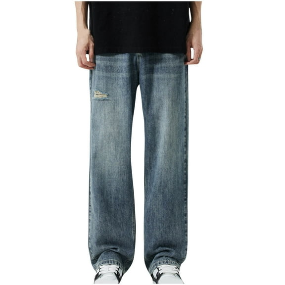 HOOMEUMY Cargo Zipper Denim Pants for Mens Y2k Vintage Streetwear Zipper Up Solid Color Trousers Straight Leg Casual Loose Jeans Blue 6