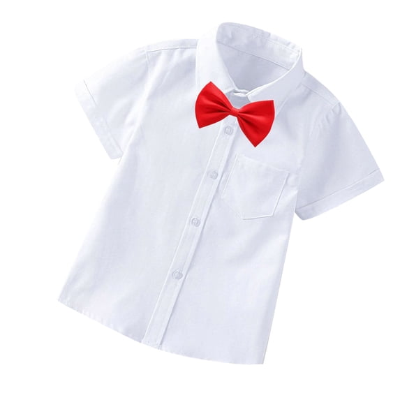 HOOMEUMY Child Gentleman's Shirts Bow Tie Design Casual Workout Short Sleeve Clothes 2025 Trendy Classic Solid Blouses Turndown Collar Tops White 12-13 Years