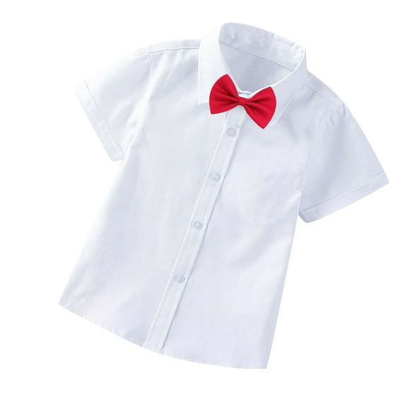 HOOMEUMY Child Gentleman's Shirts Turndown Collar Tops Bow Tie Design Casual Workout Short Sleeve Clothes 2025 Trendy Classic Solid Blouses Beige 10-11 Years
