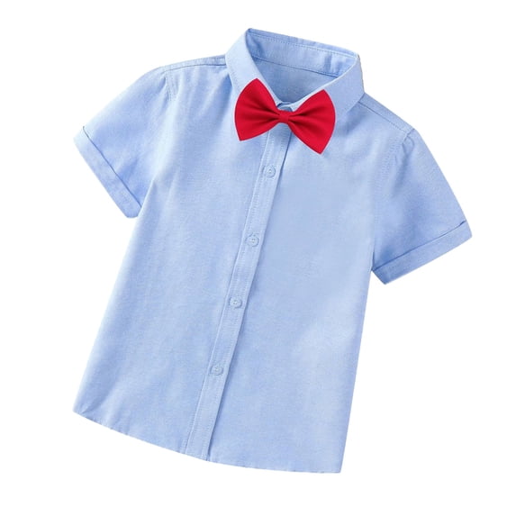 HOOMEUMY Child Gentleman's Shirts Workout Short Sleeve Clothes 2025 Trendy Classic Solid Blouses Turndown Collar Tops Bow Tie Design Casual Blue 2-3 Years