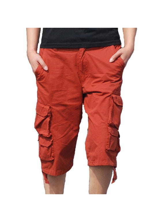 Men's Summer Cargo Shorts Straight Fit Bermuda Multi-Pockets D string Outdoor Beach Shorts Red 14