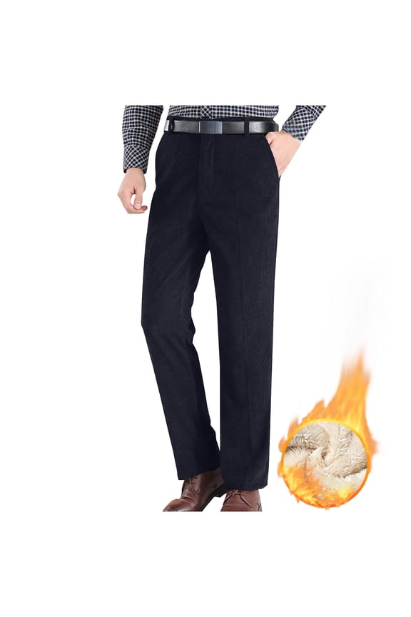 Corduroy Pants Men Stretch Cotton Pants Winter Fleece Lined Pants Straight Leg Elastic Waist Work Pants with Pockets Dark Blue L