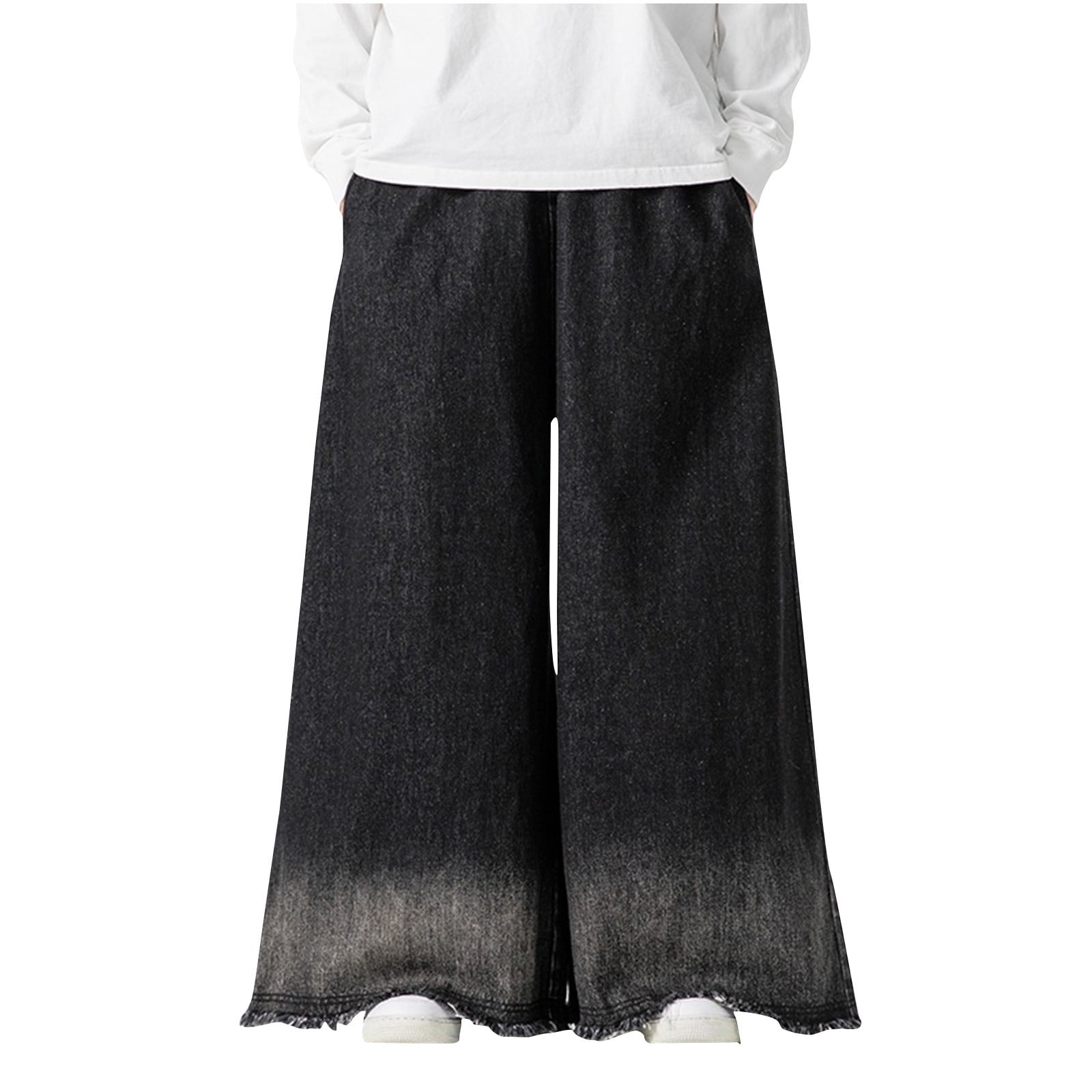 HOOMEUMY Denim Knit Pants Pleated Jeans High Street Embroidered Hip Hop Wide Leg Pants Loose Casual Jeans Mens Denim Pants Black 10
