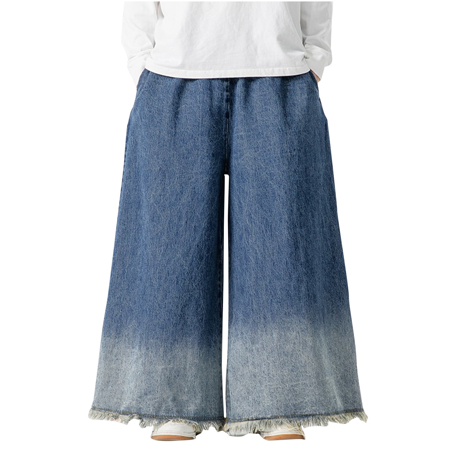 HOOMEUMY Denim Knit Pants Pleated Jeans High Street Embroidered Hip Hop Wide Leg Pants Loose Casual Jeans Mens Denim Pants Navy 8