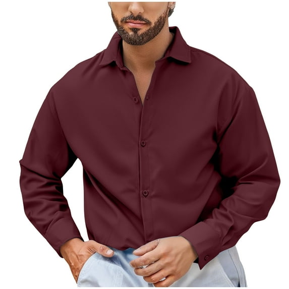 HOOMEUMY Dress Shirt for Men Comfy Long Sleeve V-Neck Lightweight Solid Color Spring Comfy Turndown Collar Button Shirts Shirt (Wine,XL)