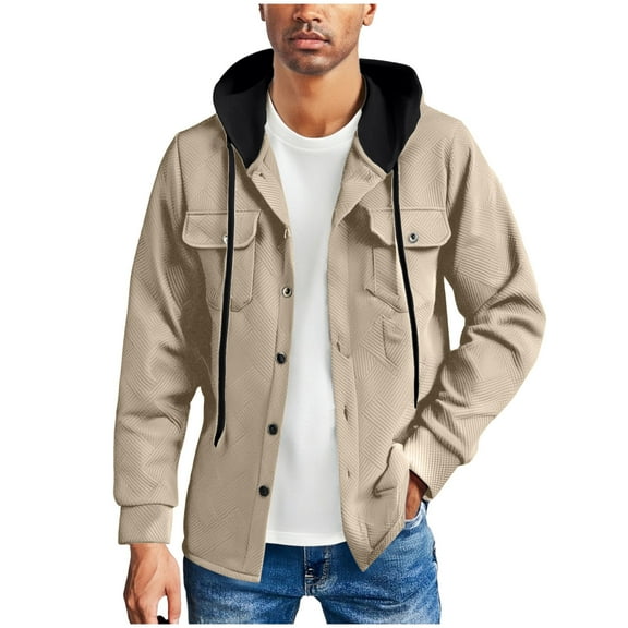 HOOMEUMY Fall Fashion Men's Hooded Jacket Trendy Lightweight Contrast Button Up Windbreaker Trendy Hip Hop Streetwear Sweatshirt (Khaki,L）