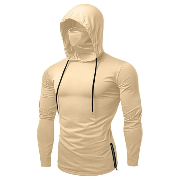 HOOMEUMY Fishing Hoodies for Men with Face Mask Fashion Sun Protection Long Sleeve Outdoor Hiking Shirt Breathable (Beige,S)